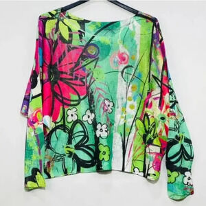 L38 Loowie Green Floral Round Neck Knit Printed Sweater One Size